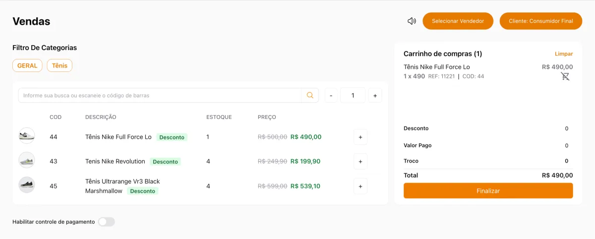 PDV com busca por código de barras e carrinho