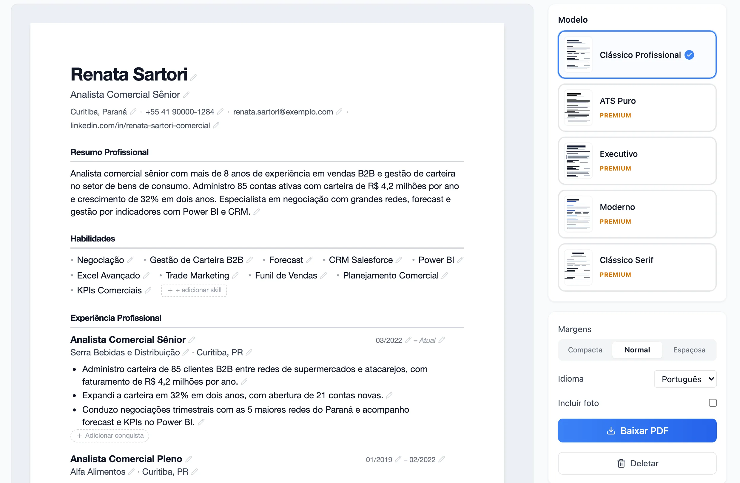 Gerador de currículo a partir do perfil, com modelos prontos e download em PDF